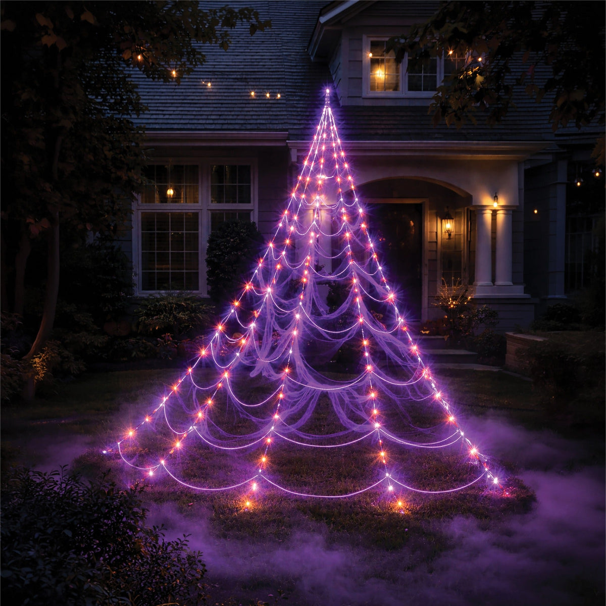 Fxlab Orange and Purple LED Spider Web Lights Outdoor with Hooks, Stakes, and Timer_Halloween