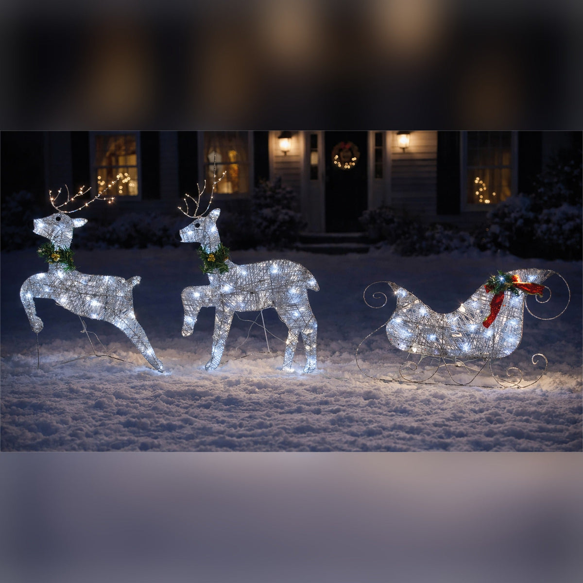 Xmas Haus LED Silver Glitter Deer and Sleigh Outdoor Decoration with Flash and Timer_Outdoor Christmas Decorations