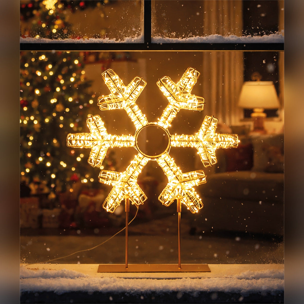 Xmas Haus Warm White LED Champagne Gold Metal Snowflake Indoor Decoration Timer_Indoor Christmas Decorations
