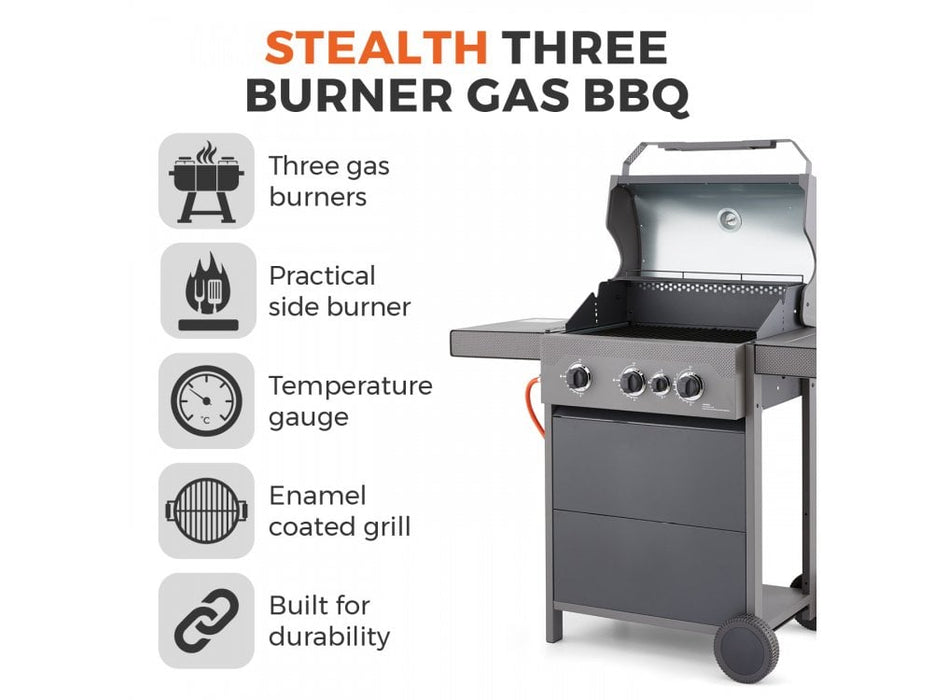 Stealth 3000 Three Burner Porcelain Gas BBQ with Precision Thermometer