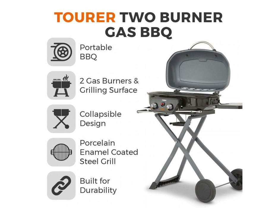Tourer Two Burner Gas BBQ, Portable Design, Porcelain Enamel Coated Steel Wire Grill