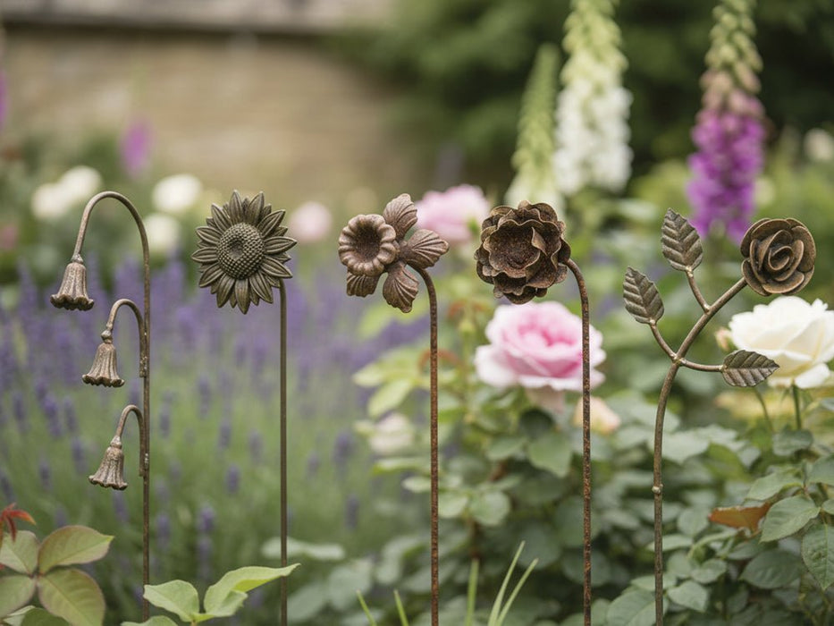 Rose with Leaves - Rusty Metal Flower Garden Stakes Designed to Rust_Decorative Stakes