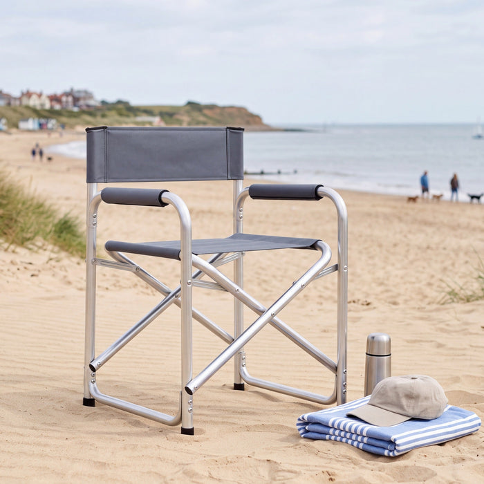 Folding Director’s Chair – Fabric with Silver Frame - Beige or Grey_Garden Chairs