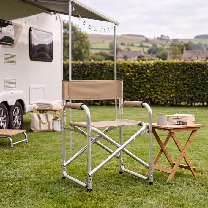 Folding Director’s Chair – Fabric with Silver Frame - Beige or Grey_Garden Chairs
