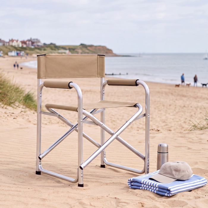 Folding Director’s Chair – Fabric with Silver Frame - Beige or Grey_Garden Chairs
