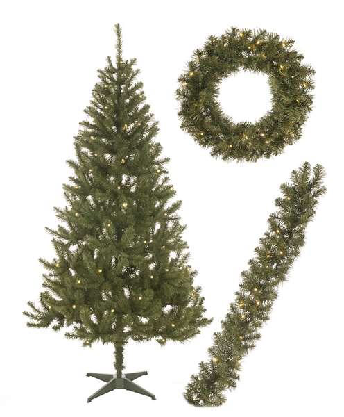 Pre-lit Christmas Tree, Wreath and Garland Set with Warm White LED Lights