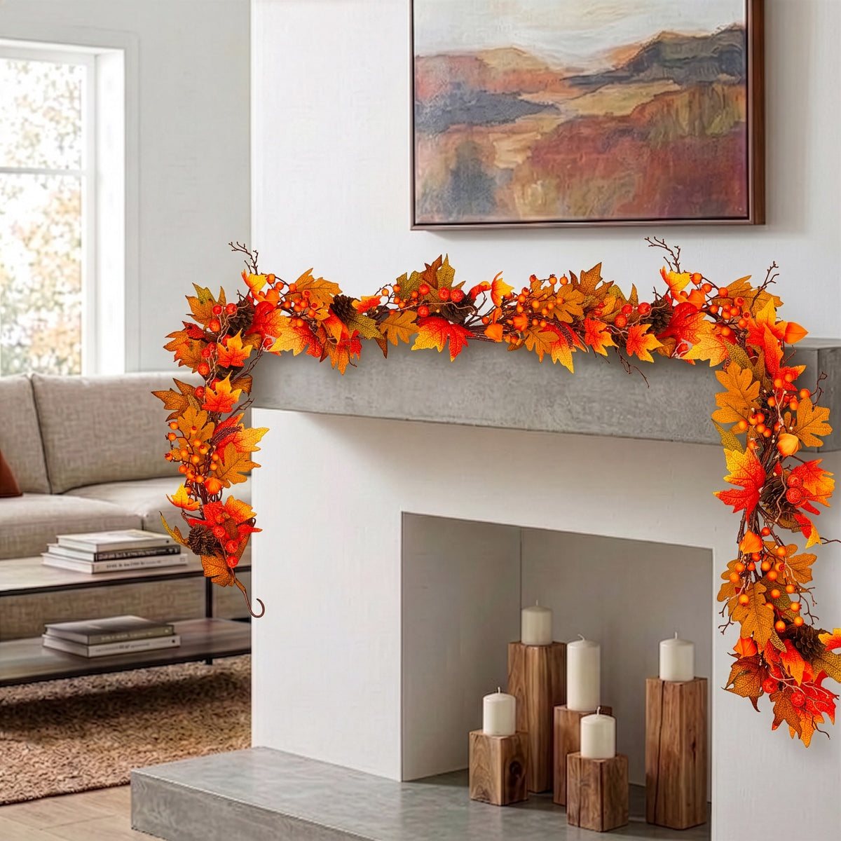 Autumn Maple garland styled and lit up in a lifestyle setting