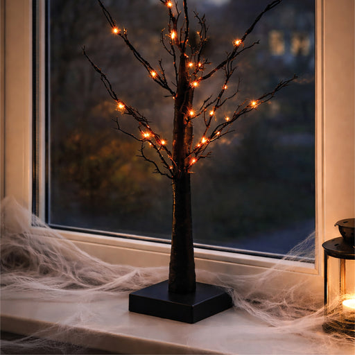 Fxlab Halloween Black Glitter Tree with 40 orange LEDs, indoor battery decoration with timer