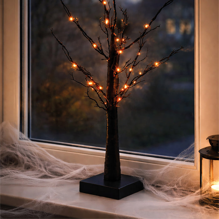 Fxlab Halloween Black Glitter Tree with 40 orange LEDs, indoor battery decoration with timer