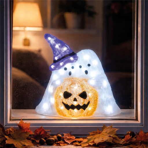 Fxlab pumpkin with ghost outdoor Halloween decoration with 50 white LEDs and timer