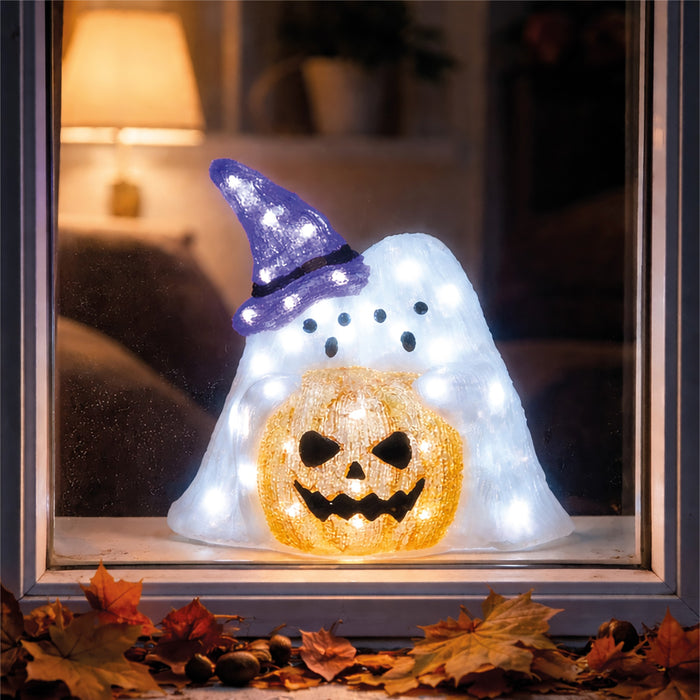 Fxlab pumpkin with ghost outdoor Halloween decoration with 50 white LEDs and timer