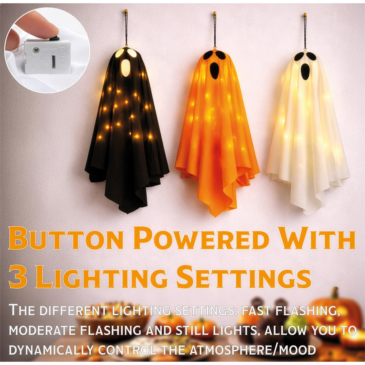 Fxlab Set of 3 Ghost Warm White LED Lights Indoor/Outdoor Decoration in Orange, White, & Black_Halloween