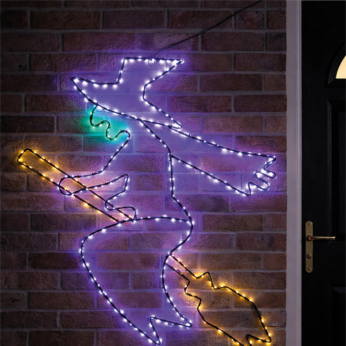 Fxlab metal silhouette Halloween witch with 322 multicolour micro LEDs, indoor and outdoor decoration with timer