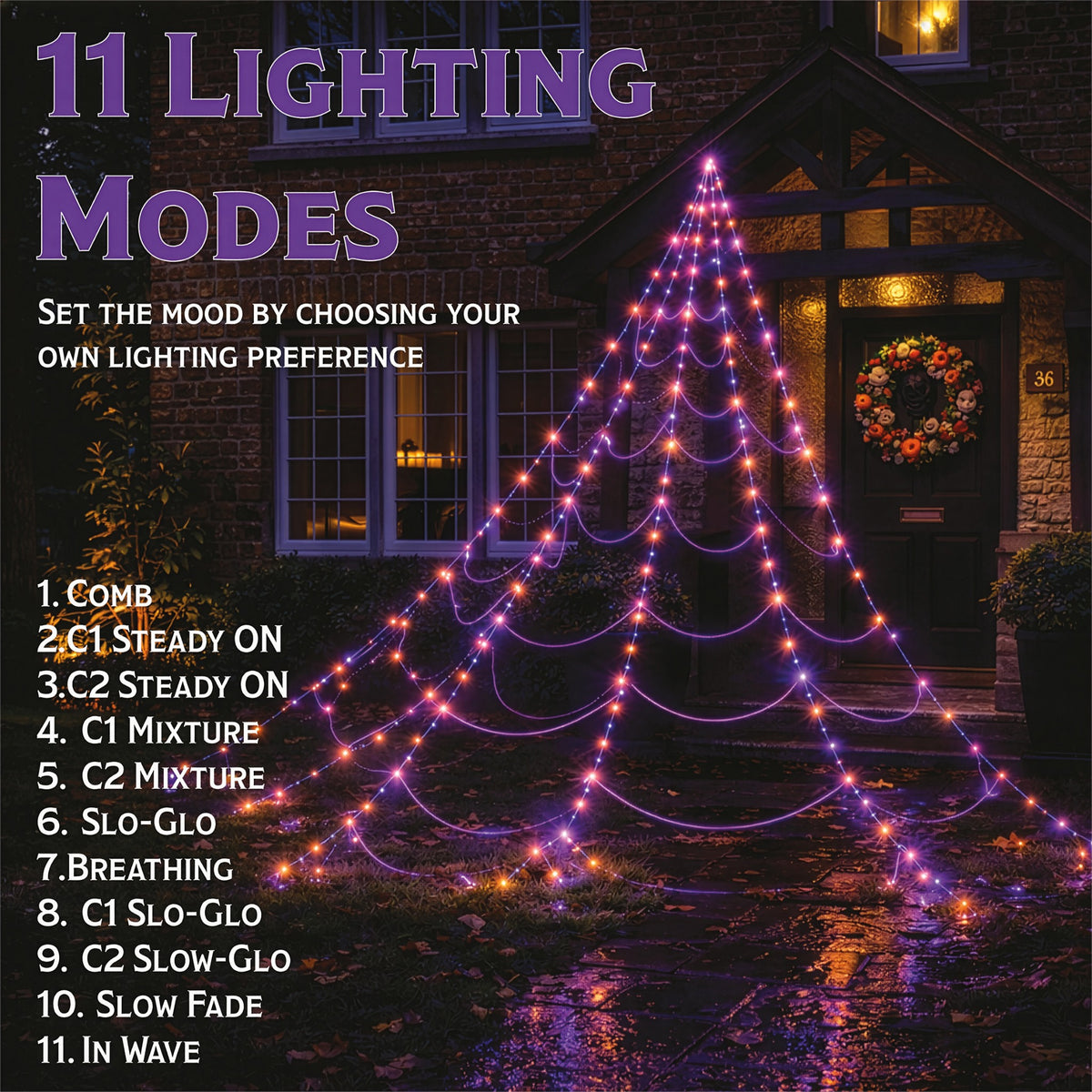 Fxlab Orange and Purple LED Spider Web Lights Outdoor with Hooks, Stakes, and Timer_Halloween