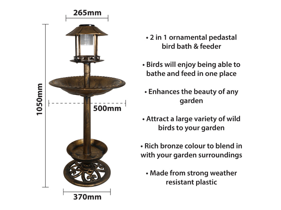 St Helens Home Garden Ornamental Free Standing, Weather Resistant, Pedestal style, Easy Assemble Bird Bath Feeder with Solar Powered Light