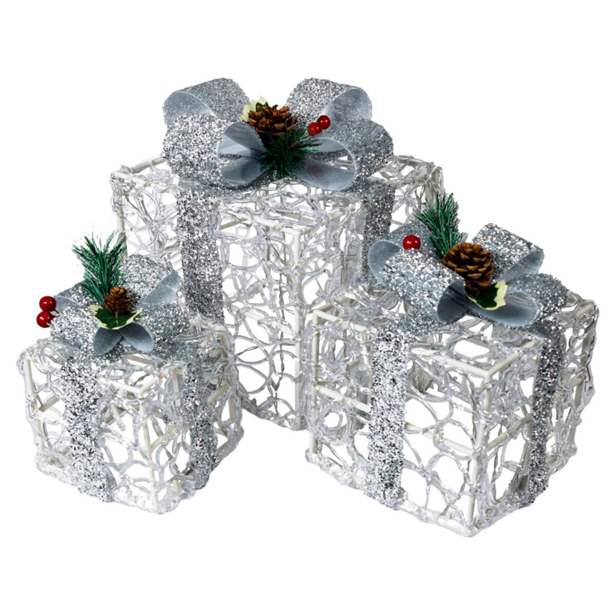 Xmas Haus Set of 3 LED Light-Up Christmas Boxes – 2 Colours -  60 LEDs Each, 8 Lighting Patterns, Battery Operated with Timer, Indoor & Outdoor Decoration
