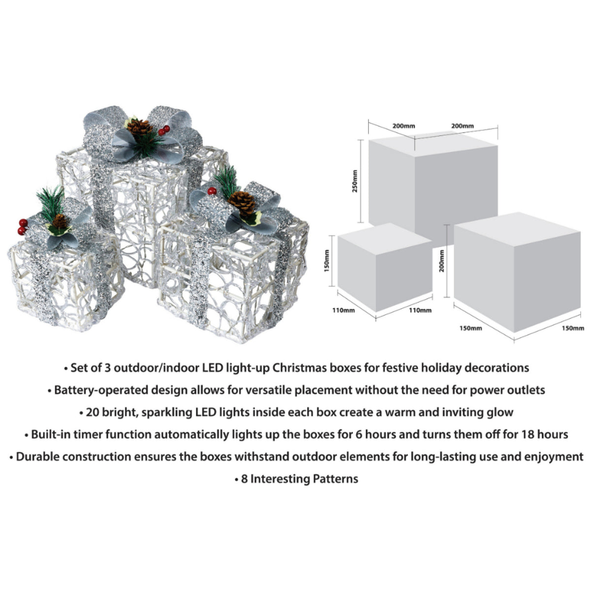 Xmas Haus Set of 3 LED Light-Up Christmas Boxes – 2 Colours -  60 LEDs Each, 8 Lighting Patterns, Battery Operated with Timer, Indoor & Outdoor Decoration
