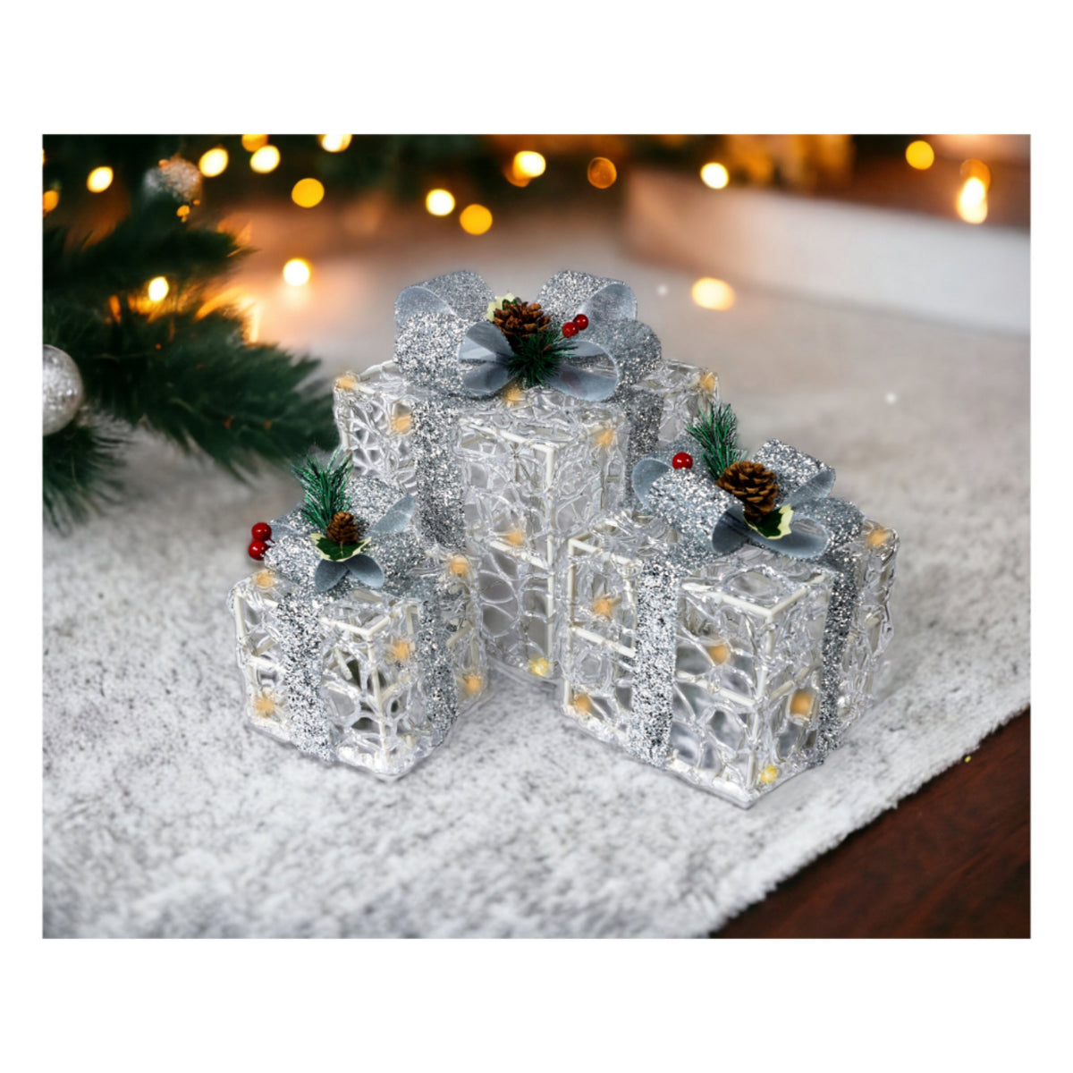 Xmas Haus Set of 3 LED Light-Up Christmas Boxes – 2 Colours -  60 LEDs Each, 8 Lighting Patterns, Battery Operated with Timer, Indoor & Outdoor Decoration