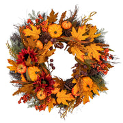 Golden Harvest 26 inch LED autumn wreath with pumpkins, berries and warm white lights