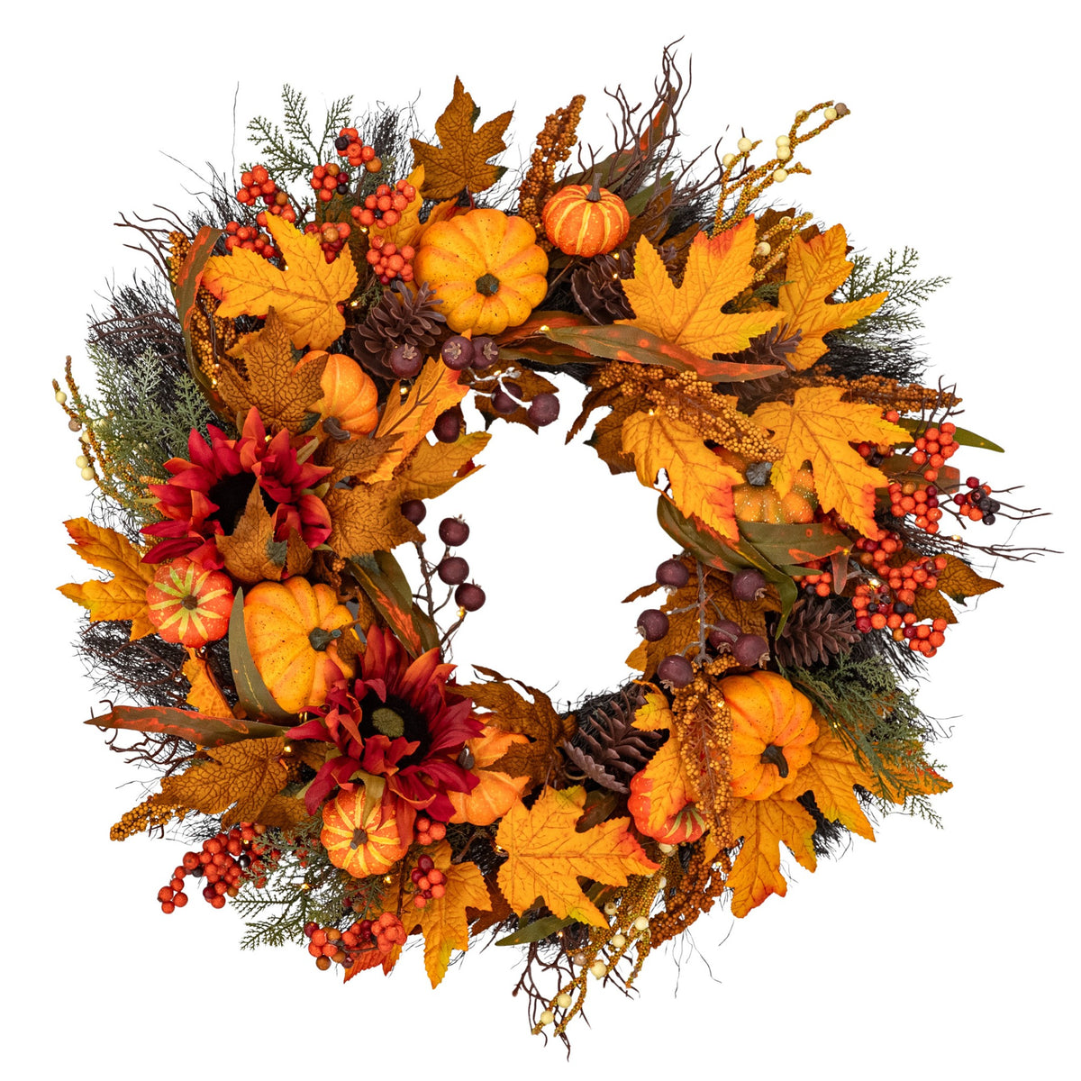 Golden Harvest 26 inch LED autumn wreath with pumpkins, berries and warm white lights