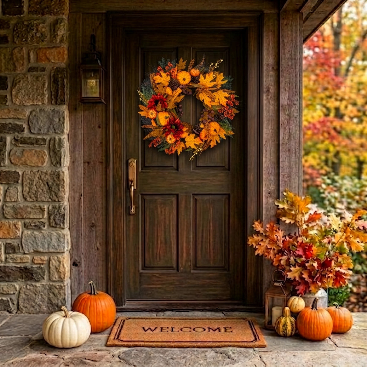 Golden Harvest autumn wreath lit up on a front door at dusk