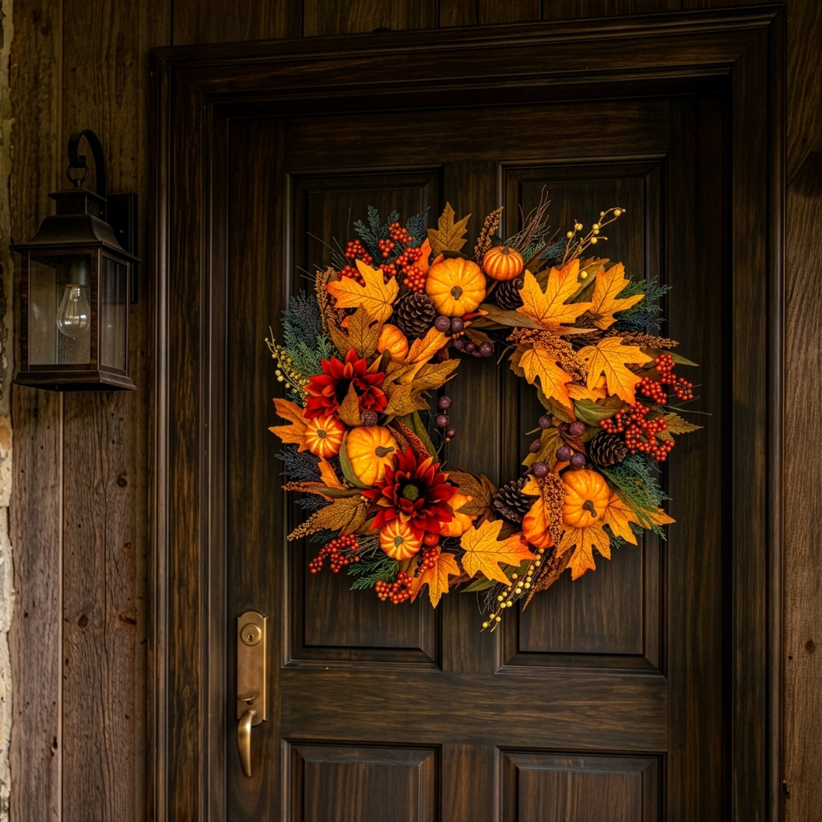 Close up of Golden Harvest wreath with warm white LED microbulbs glowing