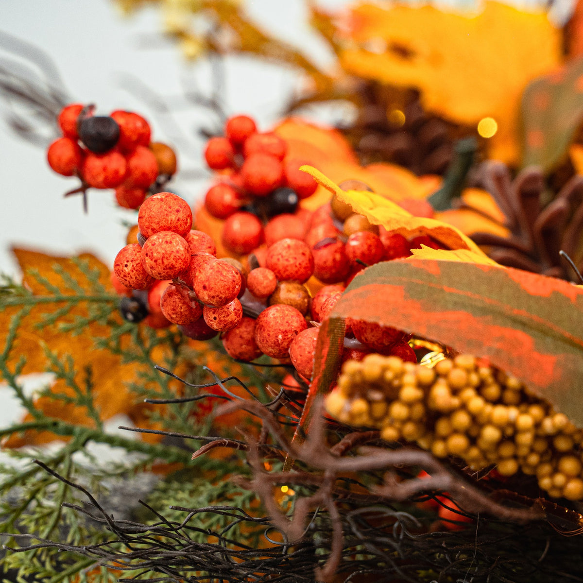 Golden Harvest wreath detail 2 - pumpkins and berries