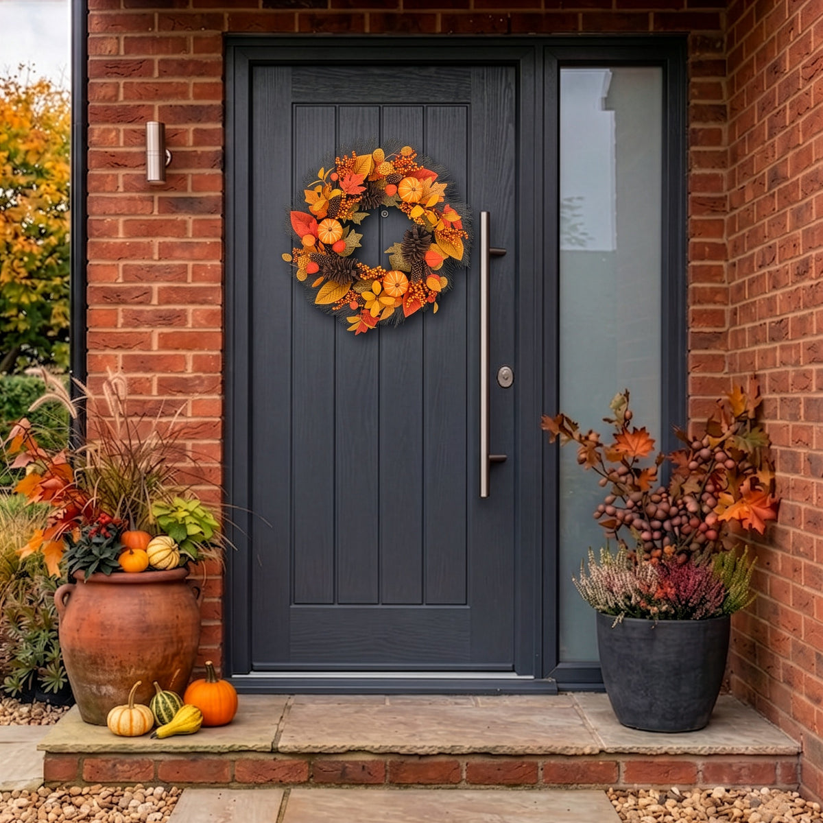 Pumpkin Ember autumn wreath lit up on a front door