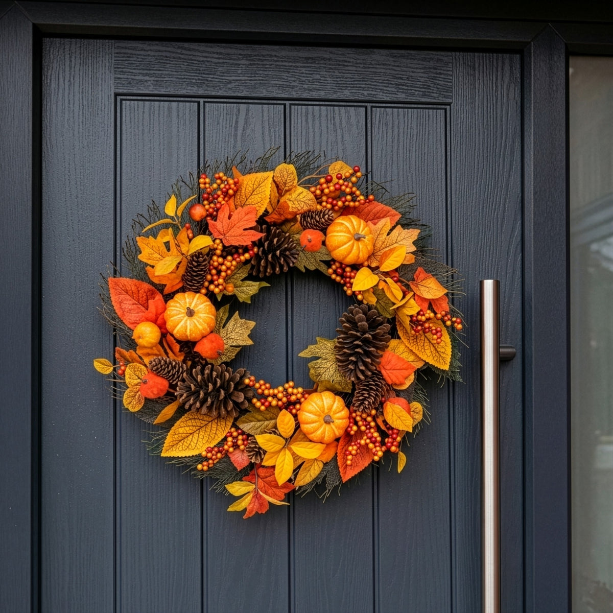 Close up of Pumpkin Ember wreath with glowing warm white LED microbulbs