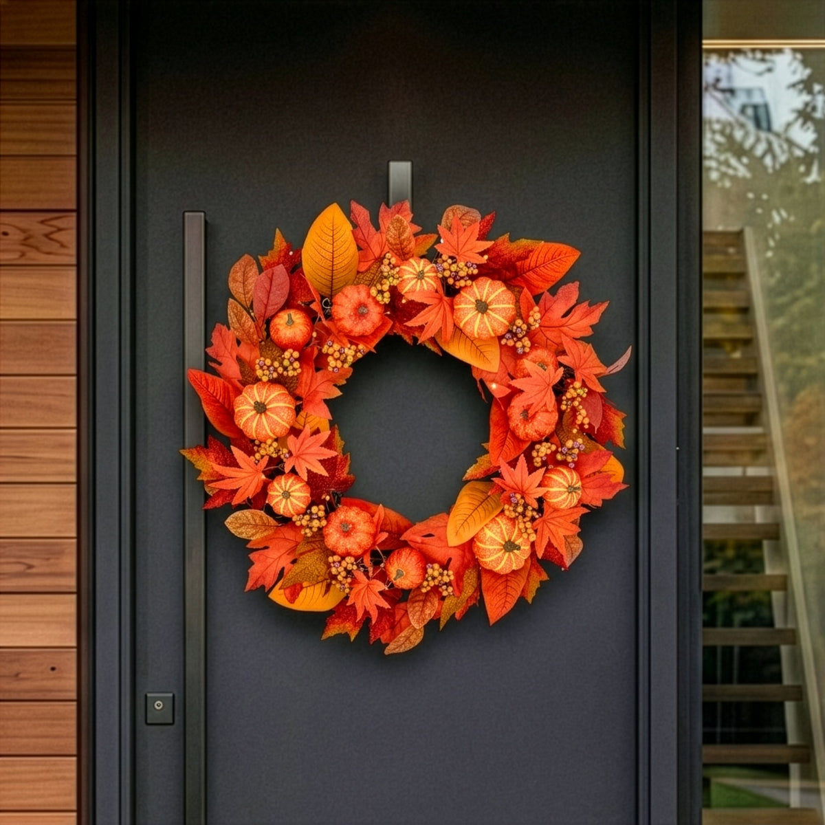 Close up of Pumpkin Orchard wreath with glowing warm white LED microbulbs