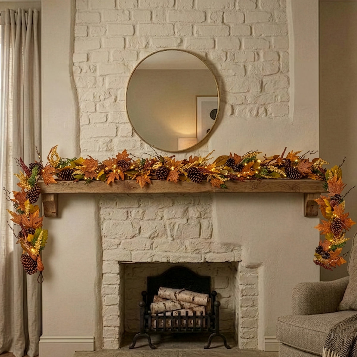 Rustic Woodland garland styled and lit up in a lifestyle setting