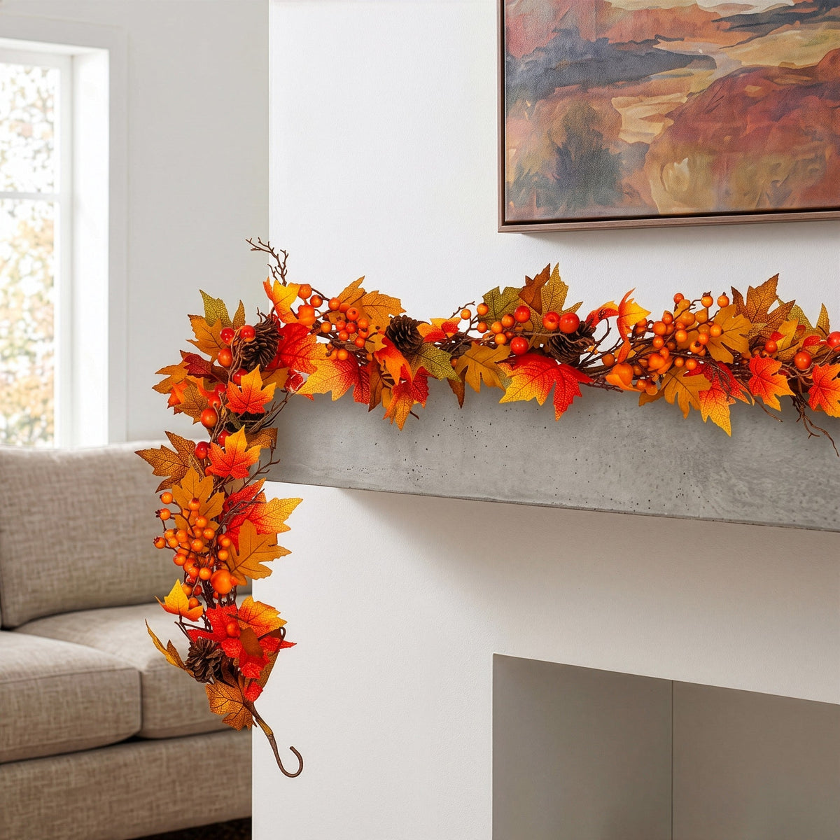 Autumn Maple 6ft x 10" Garland with 150 Warm White LED Microbulbs and 8 Functions - Battery Operated_Garden Decorations