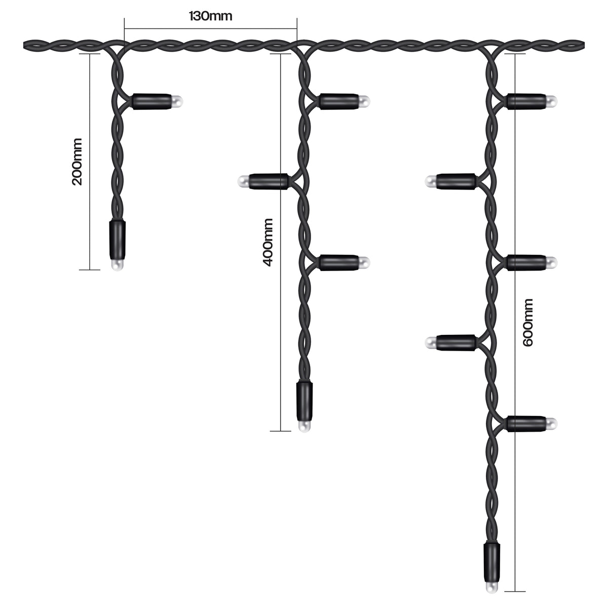 Eagle Connect Icicle Lights Black Rubber With 60/40/20cm Drop with 10% C/W Twinkle