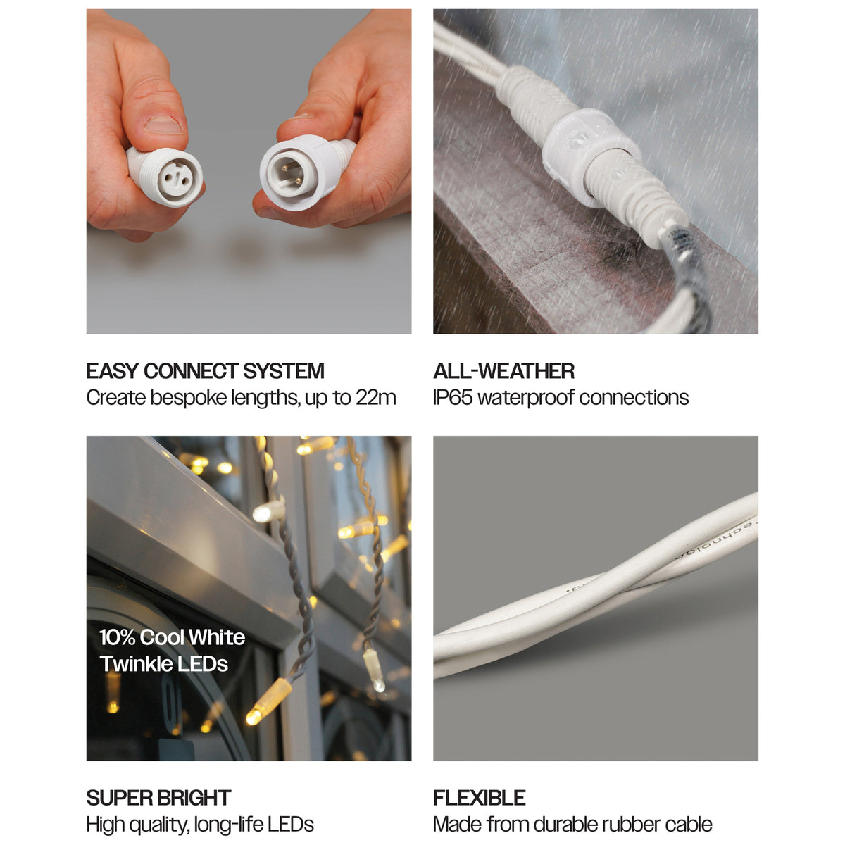 Eagle Connect Icicle Lights White Rubber With 60/40/20cm Drop with 10% C/W Twinkle