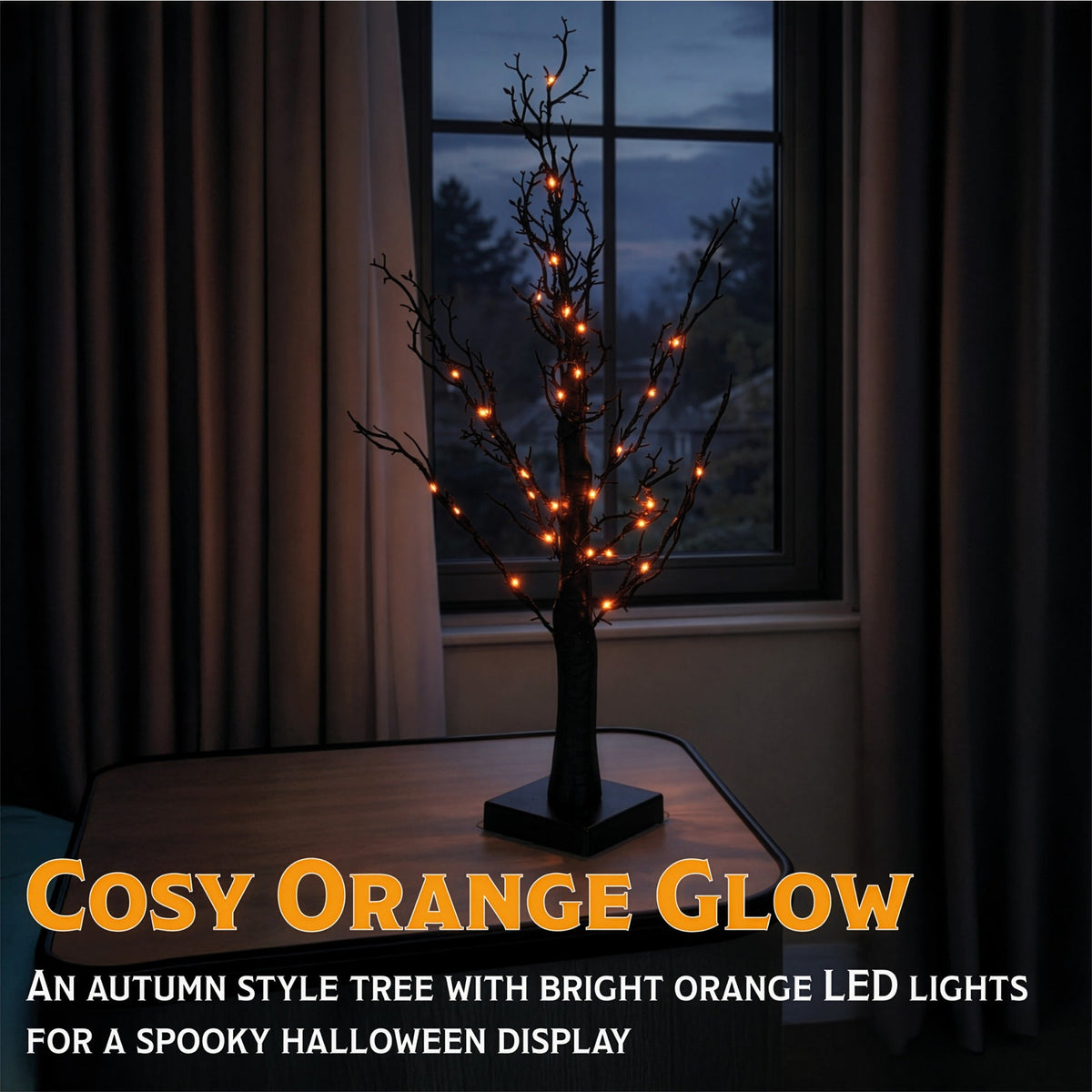 Fxlab Halloween Black Glitter Tree 40 Orange LED Indoor Battery Decoration with Timer_Halloween
