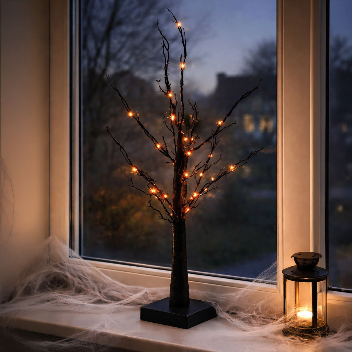 Fxlab Halloween Black Glitter Tree 40 Orange LED Indoor Battery Decoration with Timer_Halloween