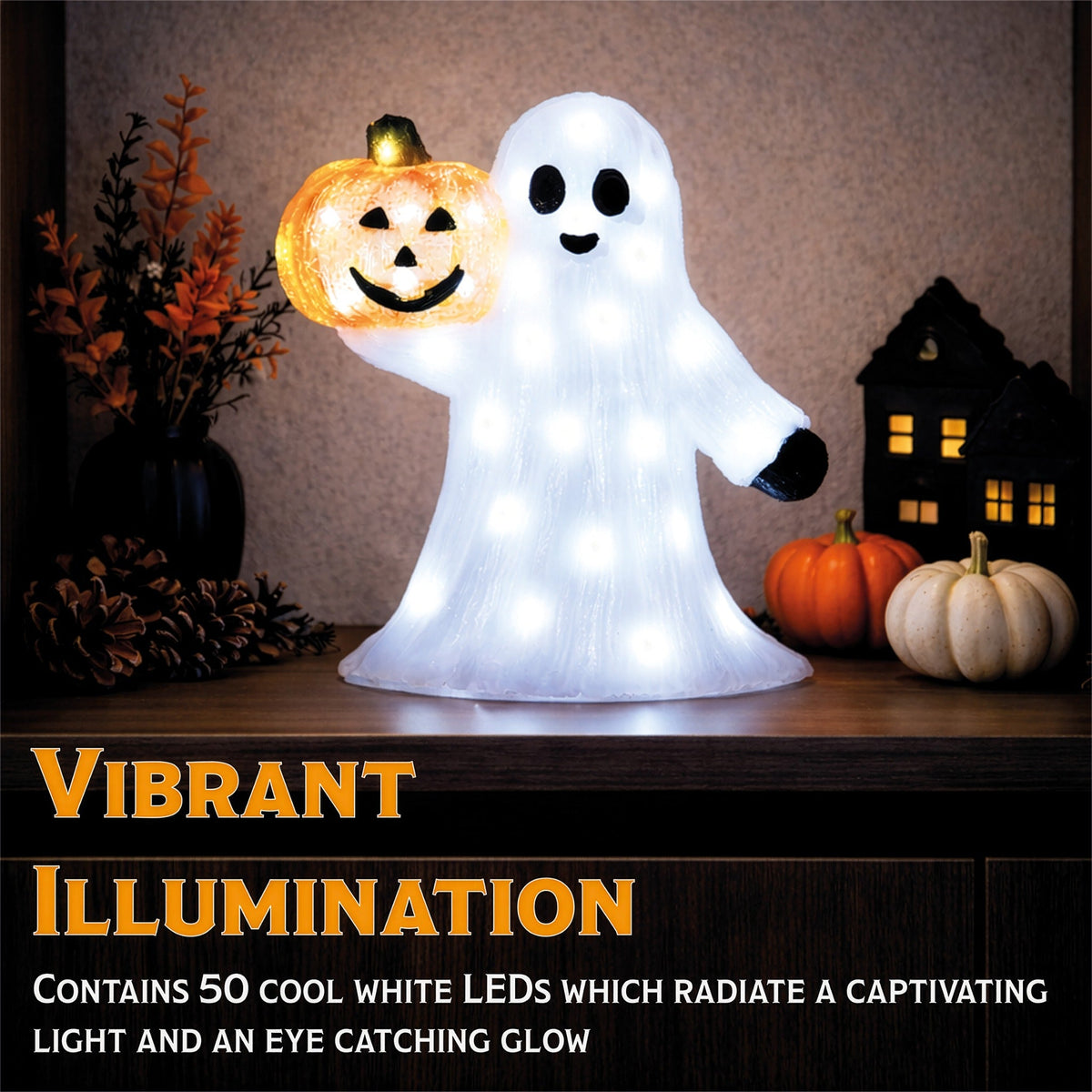 Fxlab Ghost with Pumpkin Indoor/Outdoor Halloween Decoration with 50 White LED 5m Lead Cable BS IP20 Transformer Timer 6 18H_Halloween