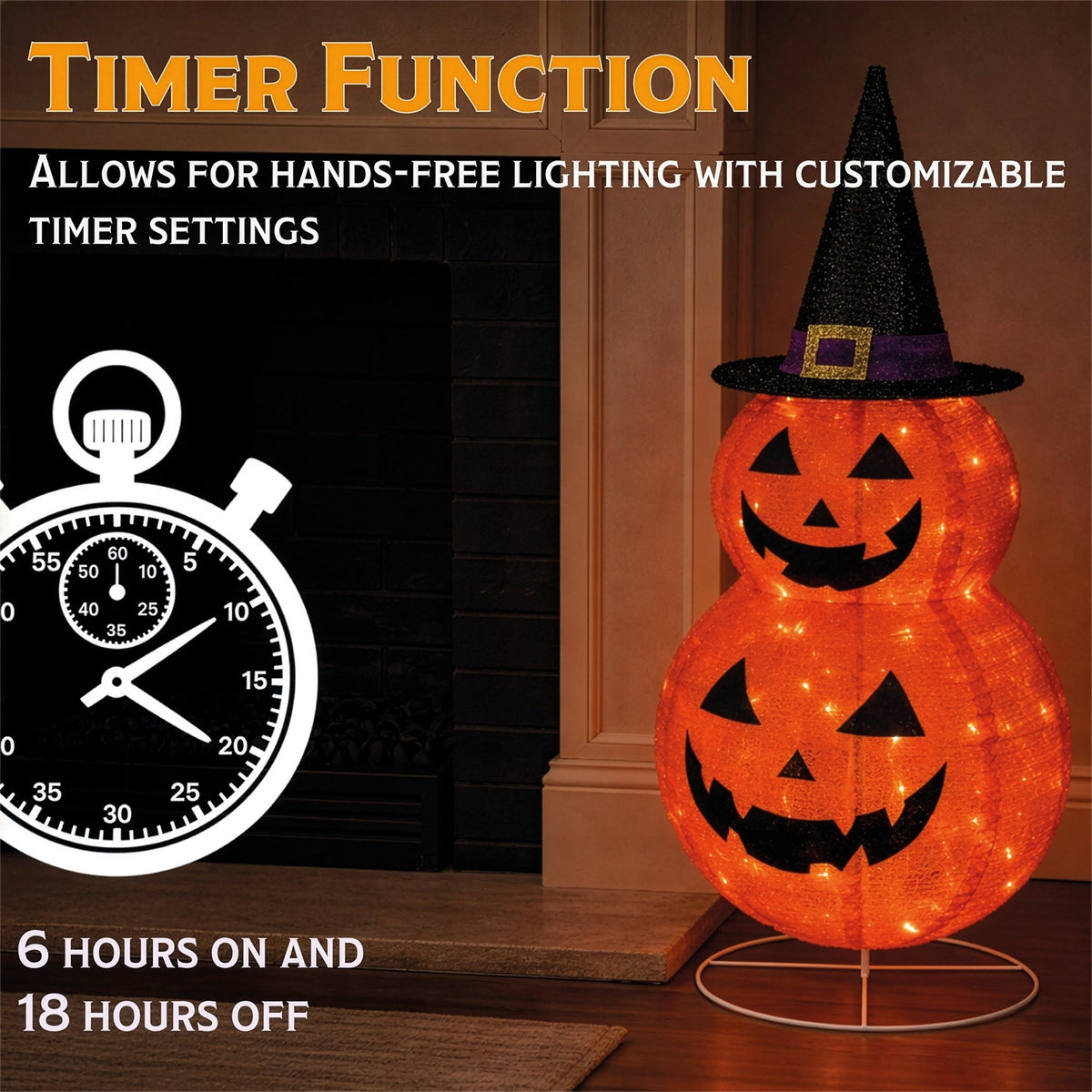 Fxlab Foldable Pumpkins Indoor/Outdoor Battery Decoration 45 LED with 50cm Cable Timer_Halloween