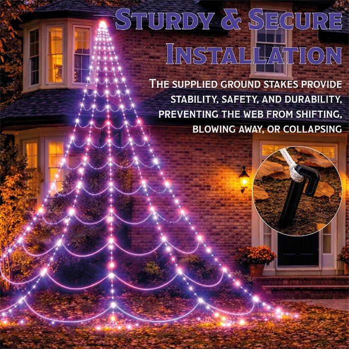 Fxlab Orange and Purple LED Spider Web Lights Outdoor with Hooks, Stakes, and Timer_Halloween