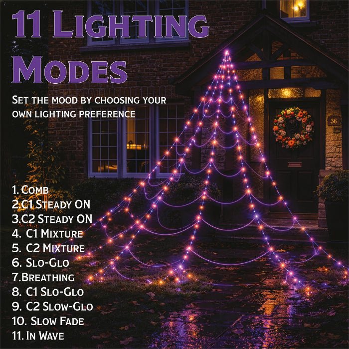 Fxlab Orange and Purple LED Spider Web Lights Outdoor with Hooks, Stakes, and Timer_Halloween