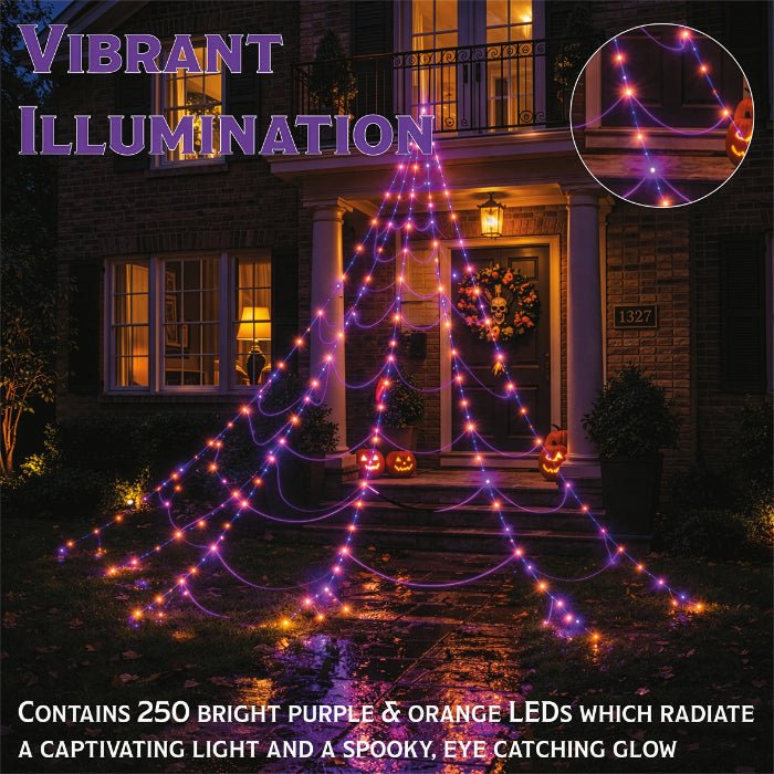 Fxlab Orange and Purple LED Spider Web Lights Outdoor with Hooks, Stakes, and Timer_Halloween