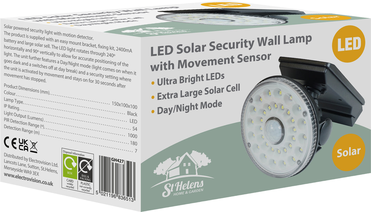 LED Solar Security Wall Lamp - 1,000 Lumens