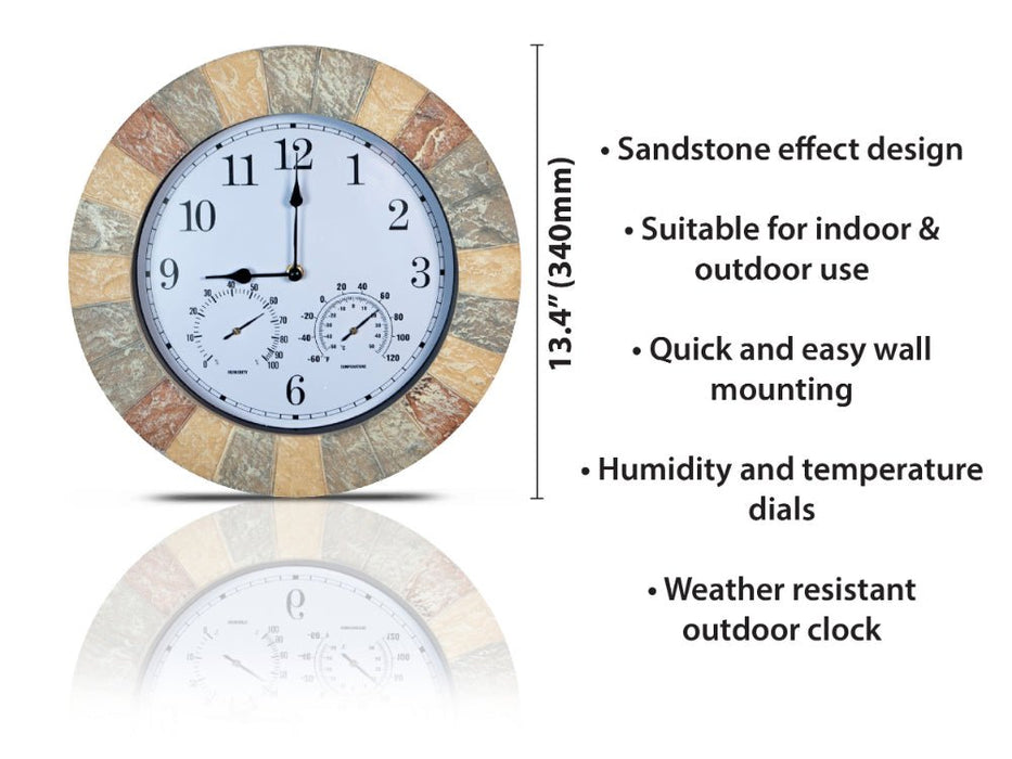 Sandstone Effect 13 Inch Outdoor and Indoor Wall Clock with Thermometer & Hygrometer_Clocks