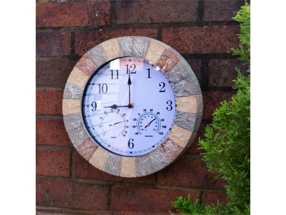 Sandstone Effect 13 Inch Outdoor and Indoor Wall Clock with Thermometer & Hygrometer_Clocks