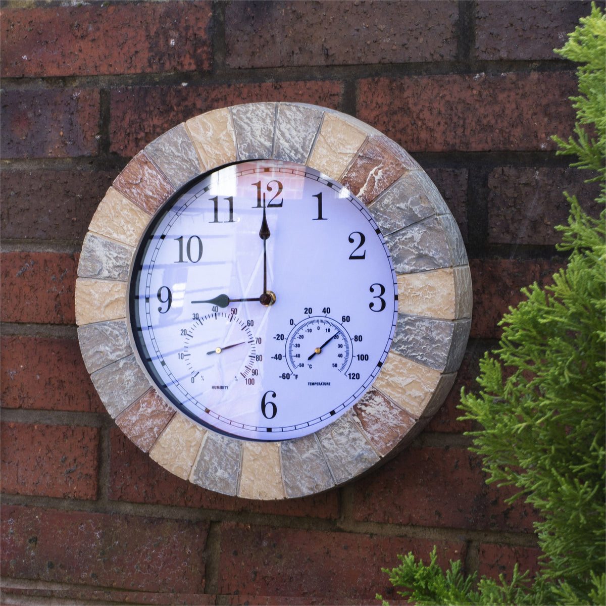 Sandstone Effect Outdoor Wall Clock with Thermometer & Hygrometer_Clocks