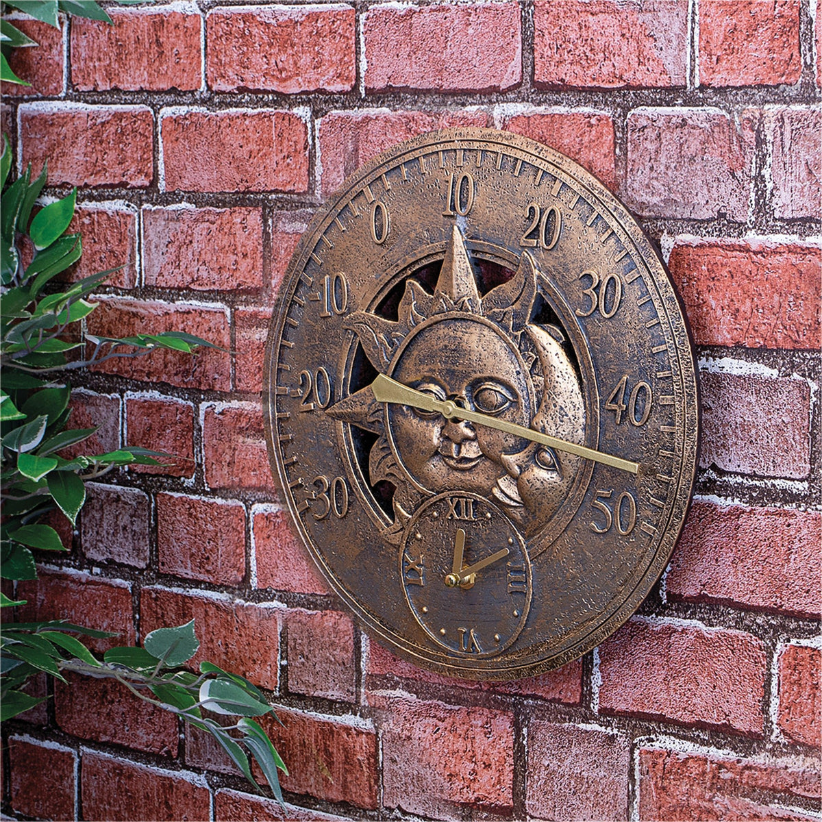 Vintage Sun & Moon Outdoor Wall Clock with Thermometer_Clocks