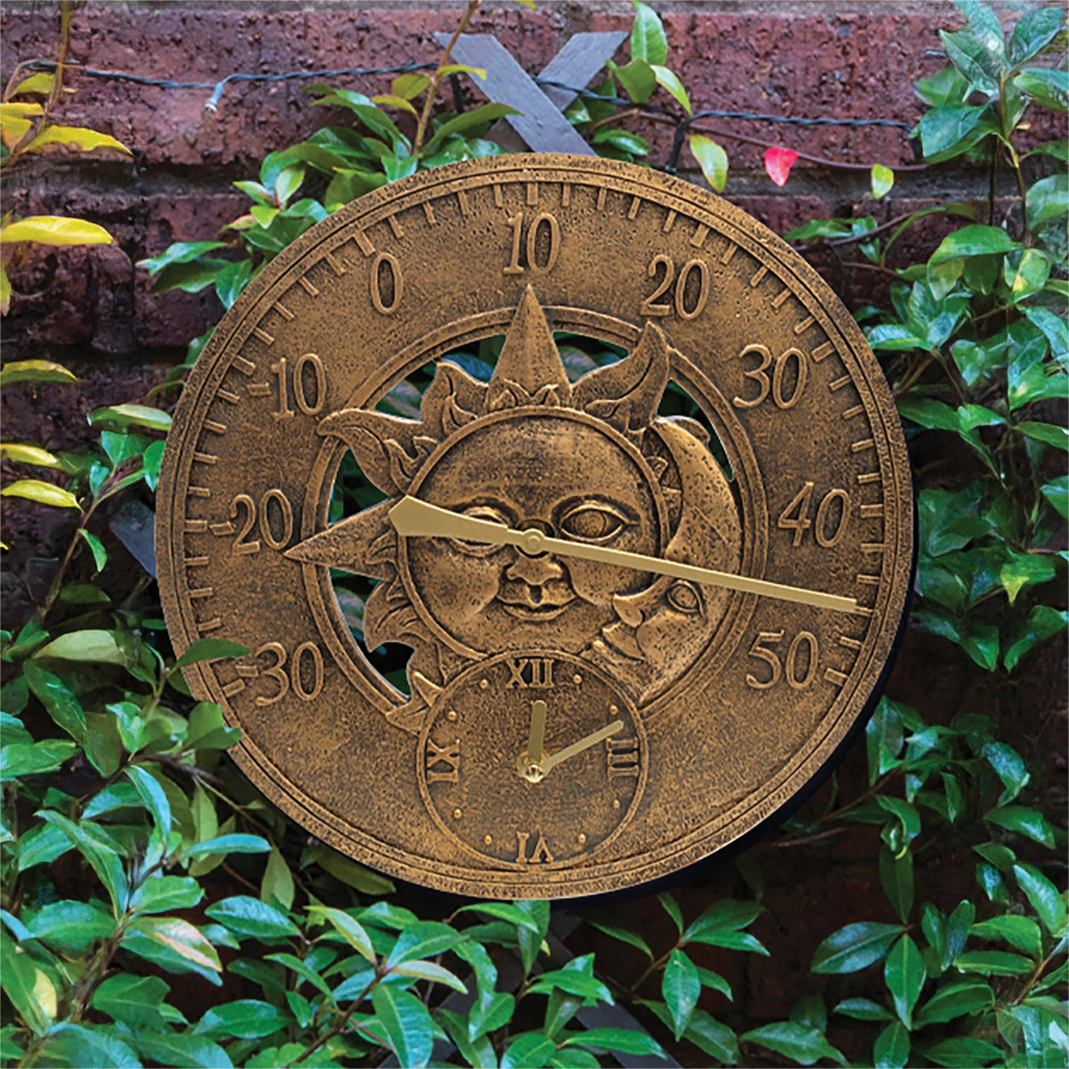 Vintage Sun & Moon Outdoor Wall Clock with Thermometer_Clocks
