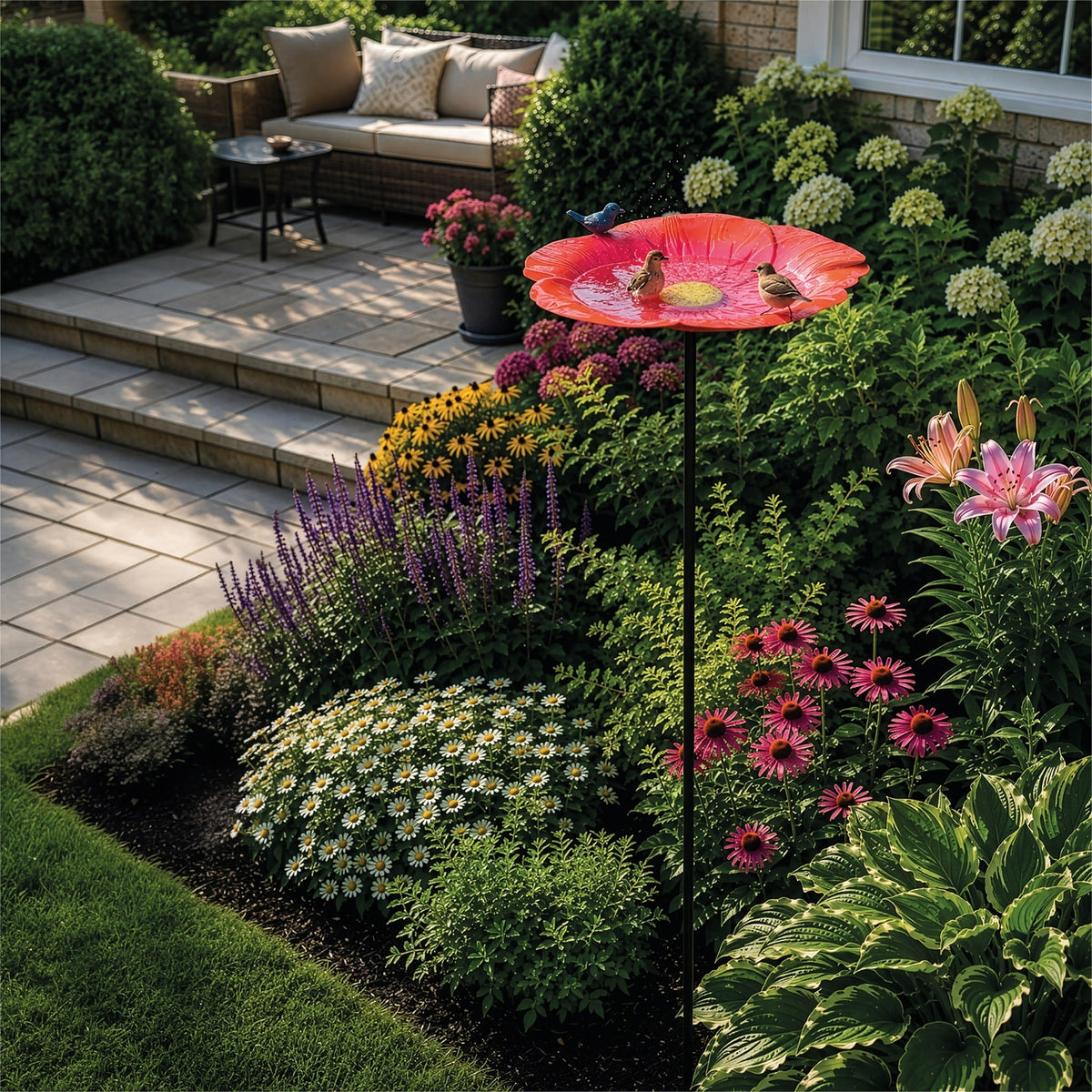 Red Flower Garden Bird Bath_Bird Baths