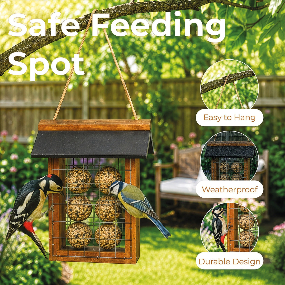 St Helens Home and Garden Wood Suet Bird Feeder With Slate Roof and Hanging Cord_Bird Feeders