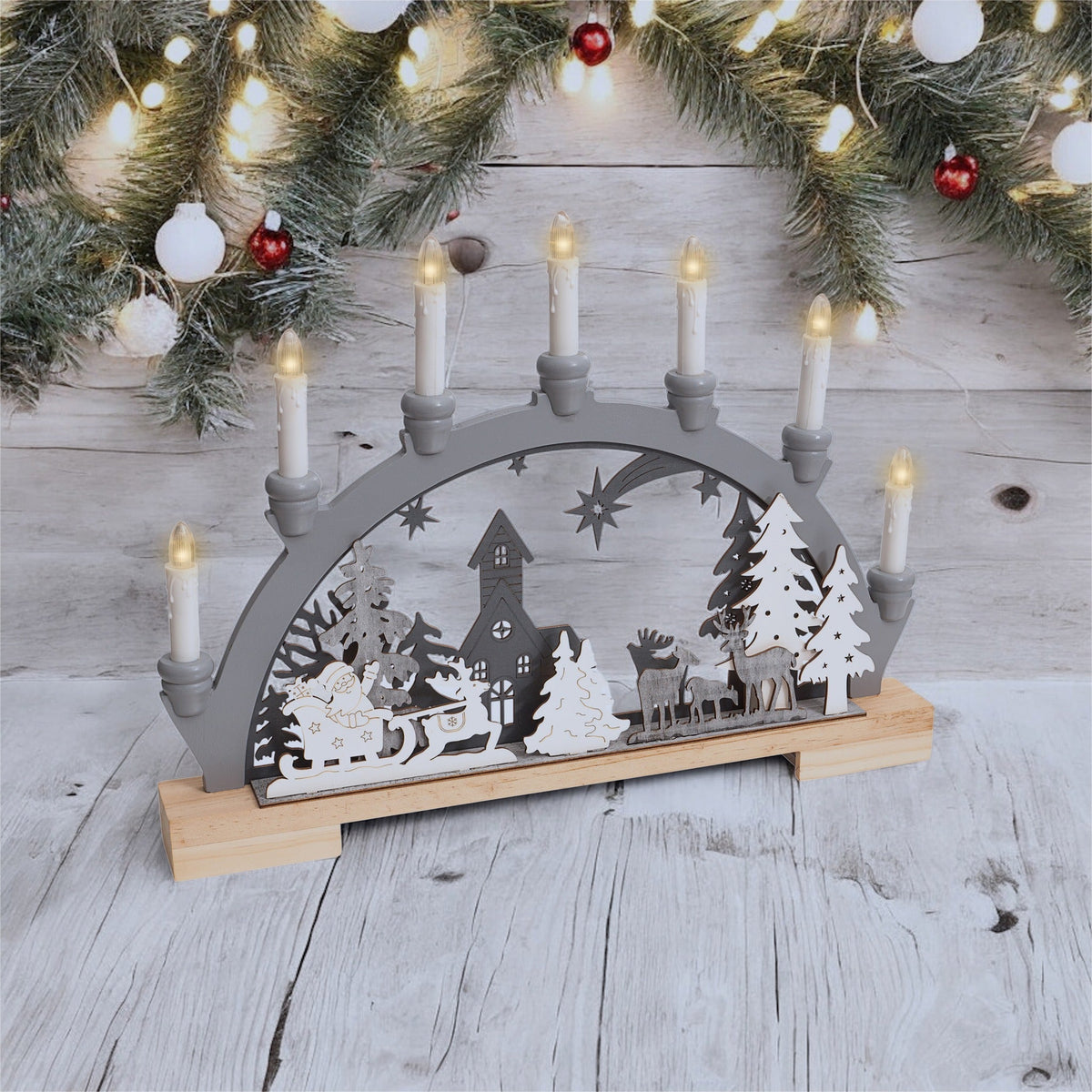 Xmas Haus Battery Powered Wooden Festive Candle Bridge_Indoor Christmas Decorations